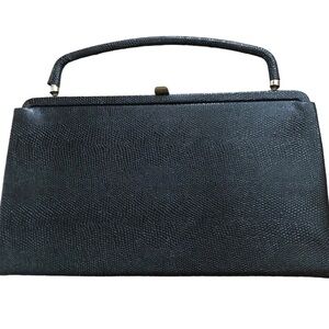 VTG After 5 Black Jackie O Leather Clutch Handbag Matching Satin Coin Purse 10X6